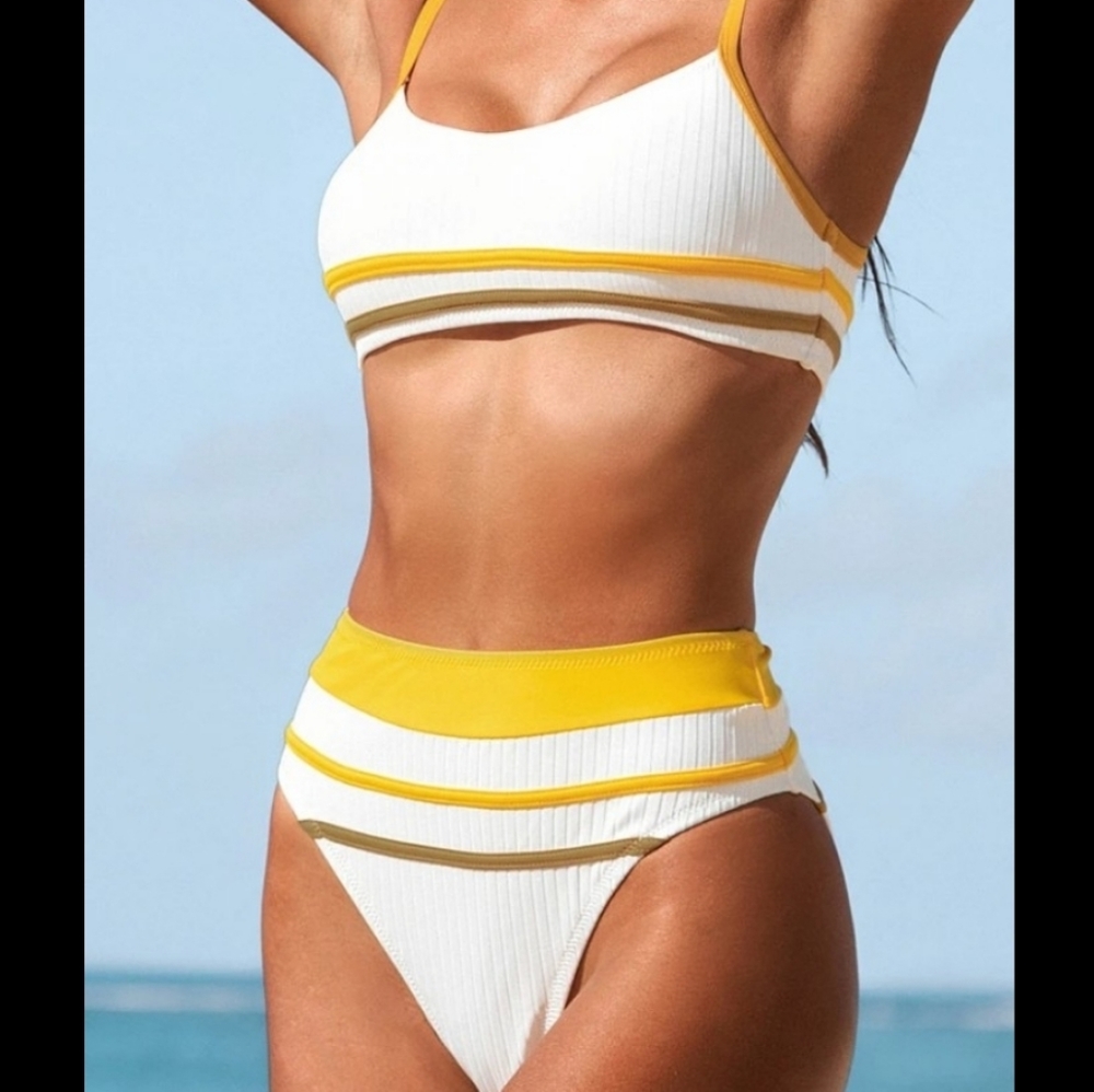 Cupshe Striped Ribbed High Waist Bikini